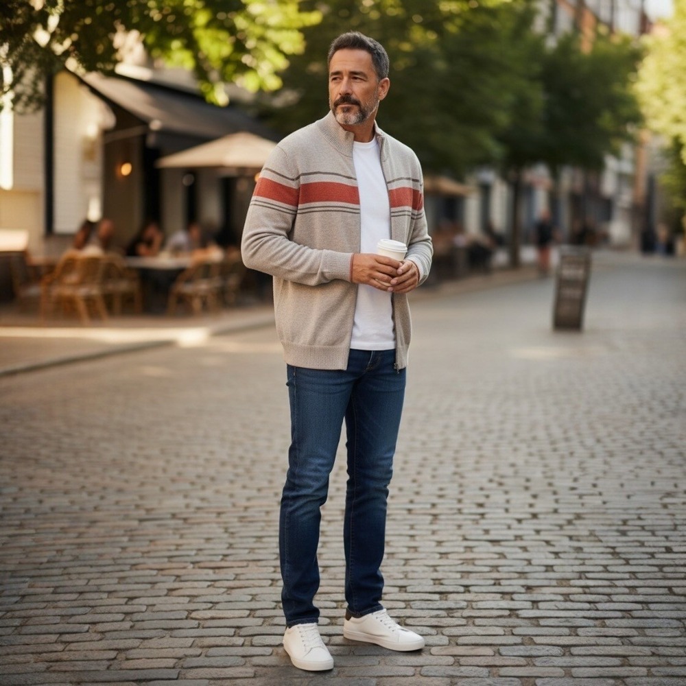 Men's Cotton Cashmere Full Zip Banana Republic‎ Sweater Tan Orange Stripe L